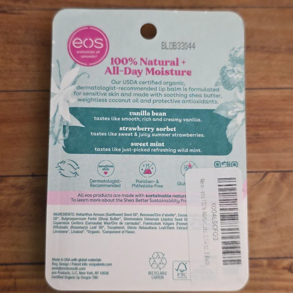 eos Organic Lip Balm Trio 3-Pack - Vanilla, Strawberry, Mint 100% Natural